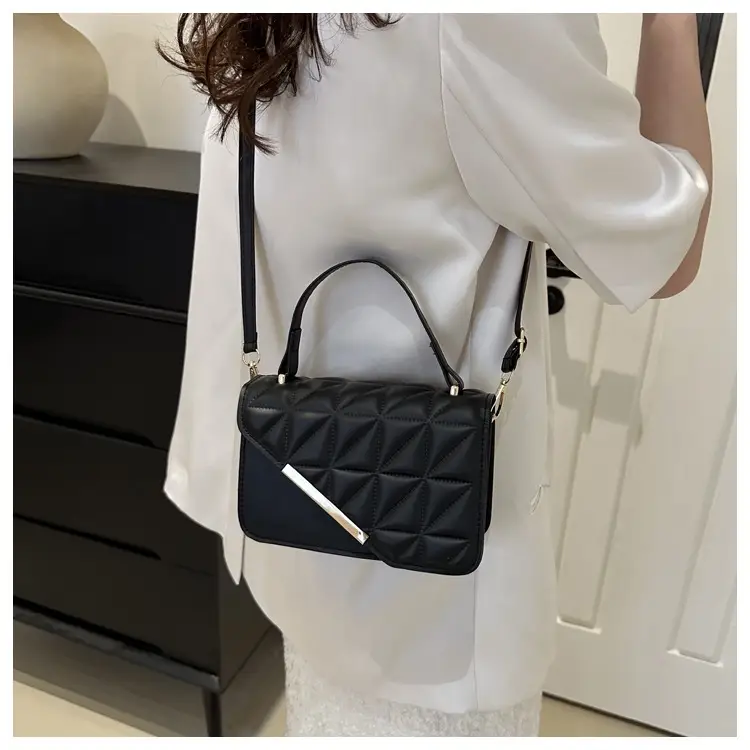 Black Quilted Shoulder Messenger Bag with Gold Clasp — feature 17