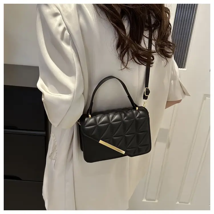 Black Quilted Shoulder Messenger Bag with Gold Clasp — feature 18