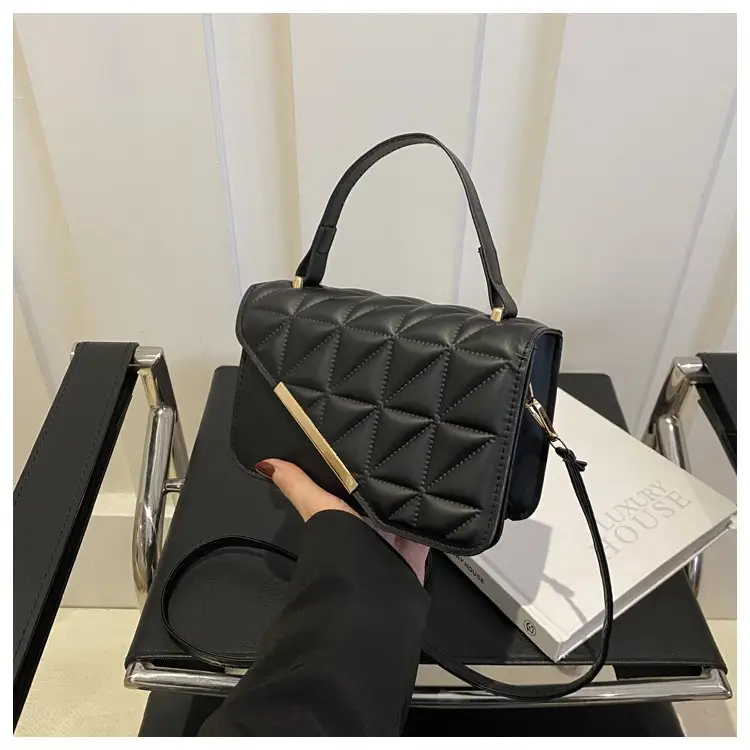 Black Quilted Shoulder Messenger Bag with Gold Clasp — feature 23