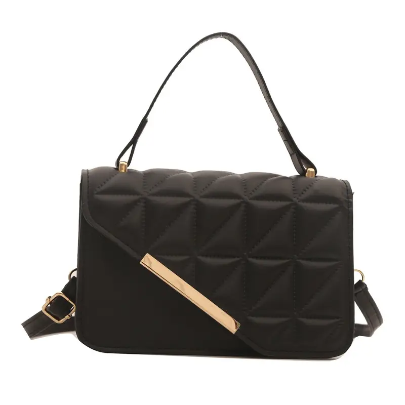 Black Quilted Shoulder Messenger Bag with Gold Clasp - Image 2