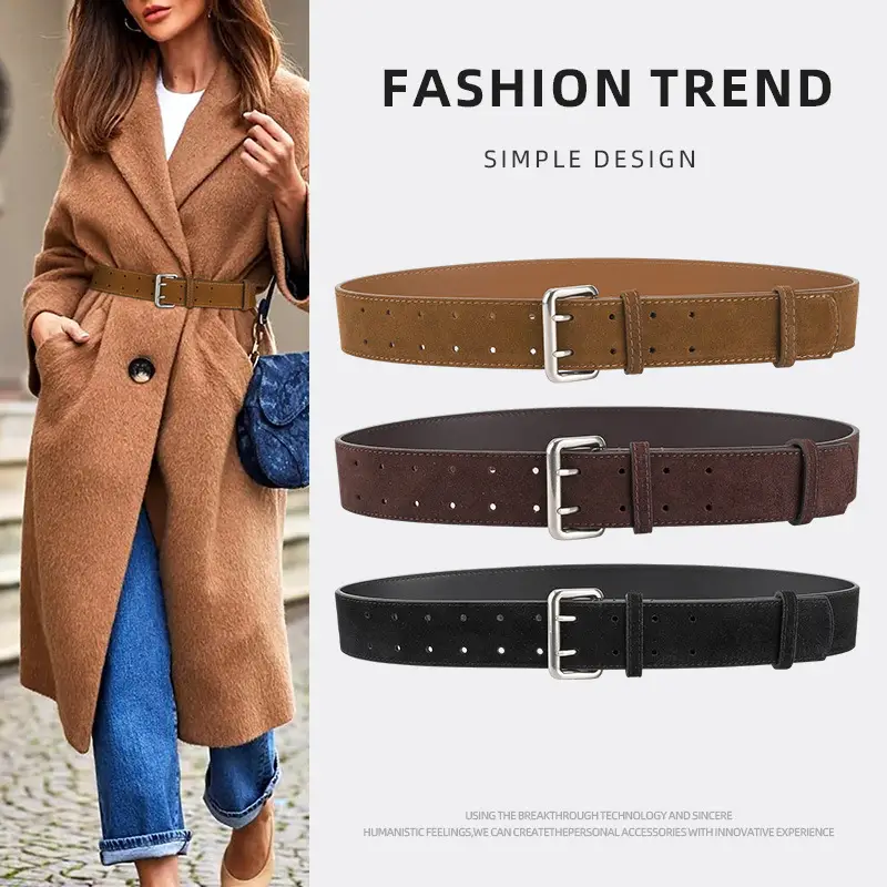 Women's European American Double Breasted Belt Wine Red Frosted Design