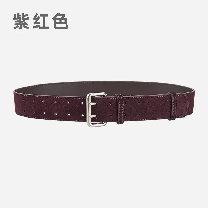Women's European American Double Breasted Belt Wine Red Frosted Design