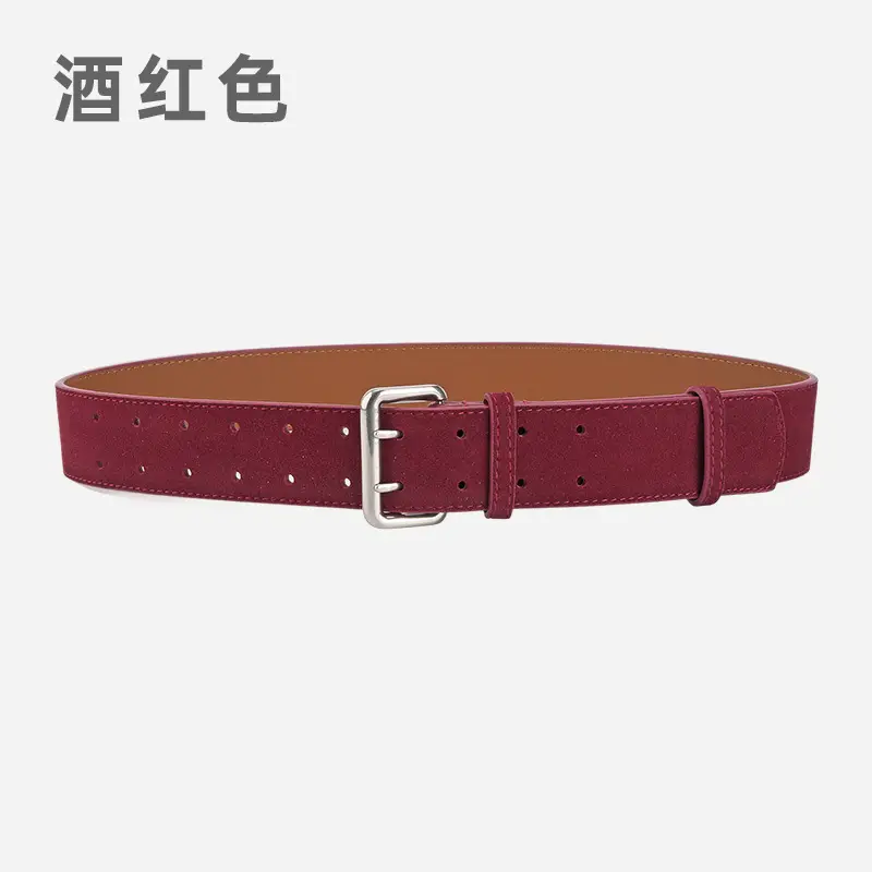 Women's European American Double Breasted Belt Wine Red Frosted Design