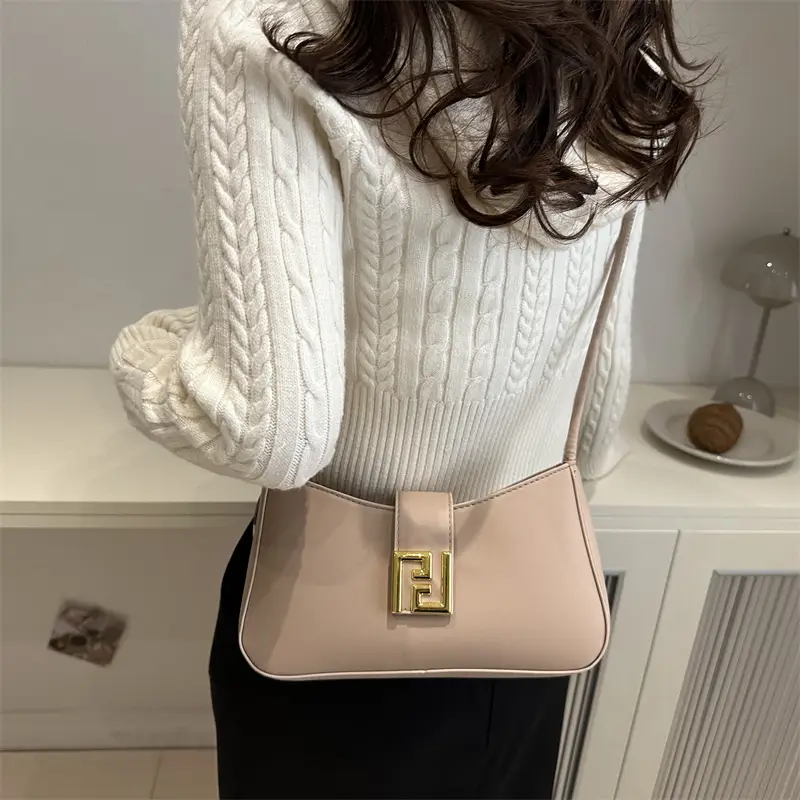 Women's 2024 Winter Shoulder Bag Beige Gold Clasp - Image 8