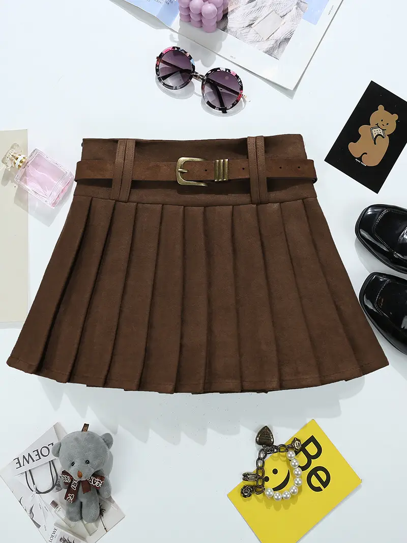 Maillard Suede Pleated Skirt Women Autumn Winter High Waist Slimming