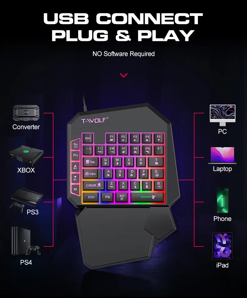 T-Wolf Lei Wolf T19 Game One-Handed Keyboard Gunslinger Left-Hand Mobile Game Tablet External Small Keyboard Eating Chicken Cross-Border — feature 9