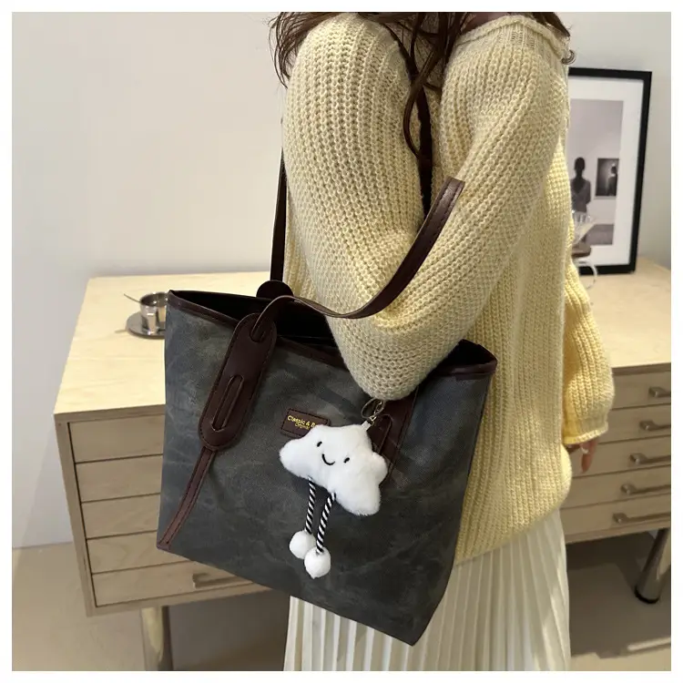 Vintage Women's Textured Shoulder Bag with Cute Keychain — feature 21