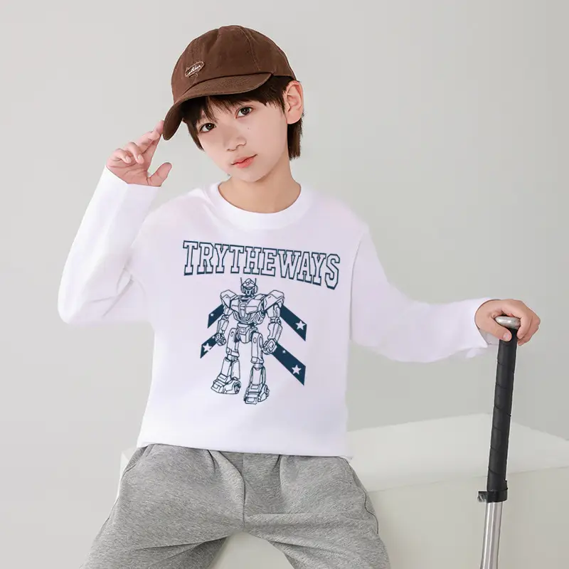 Boys Long Sleeve T-Shirt Green White Try The Ways Cartoon Robot - Image 6