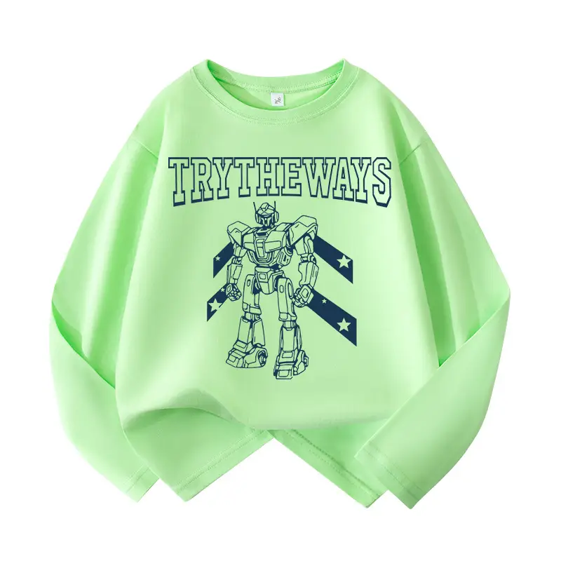 Boys Long Sleeve T-Shirt Green White Try The Ways Cartoon Robot - Image 7