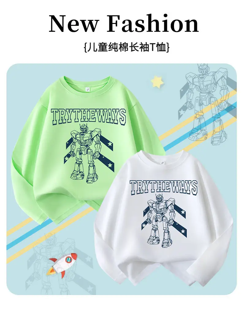 Boys Long Sleeve T-Shirt Green White Try The Ways Cartoon Robot — feature 1