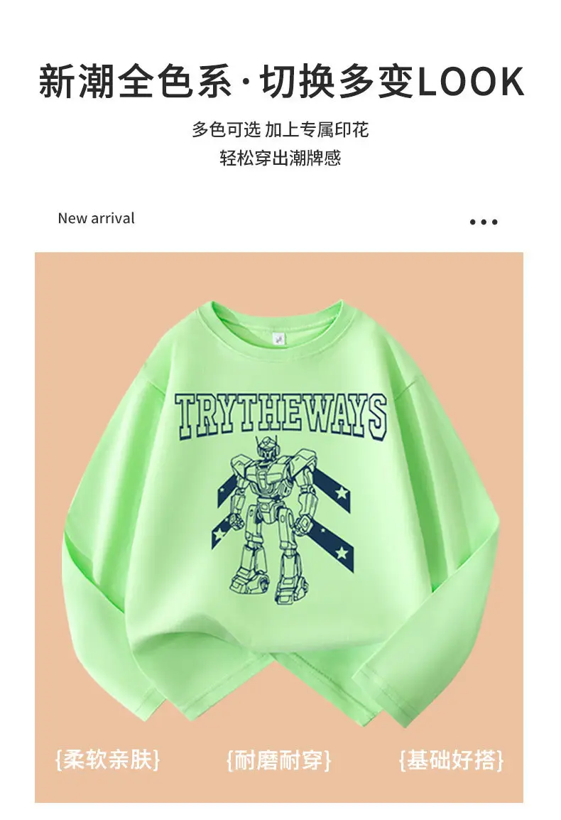 Boys Long Sleeve T-Shirt Green White Try The Ways Cartoon Robot — feature 7