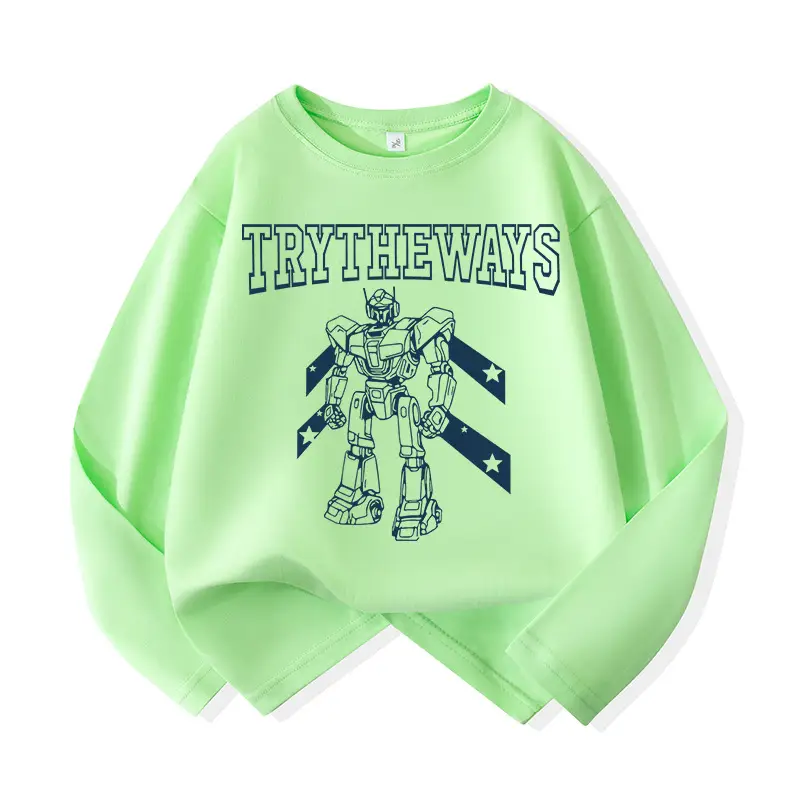 Boys Long Sleeve T-Shirt Green White Try The Ways Cartoon Robot - Image 3