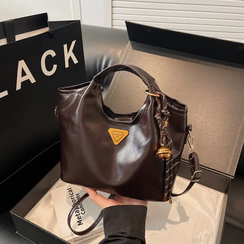 Retro Brown Bucket Bag with Gold Plated Logo