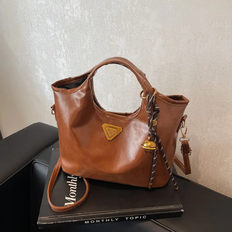 Retro Brown Bucket Bag with Gold Plated Logo