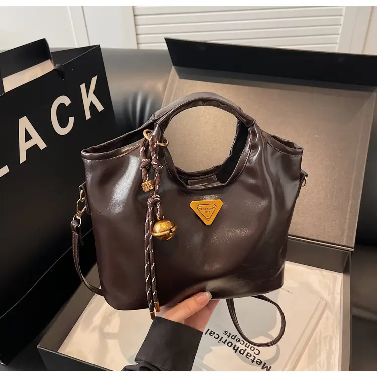 Retro Brown Bucket Bag with Gold Plated Logo — feature 20