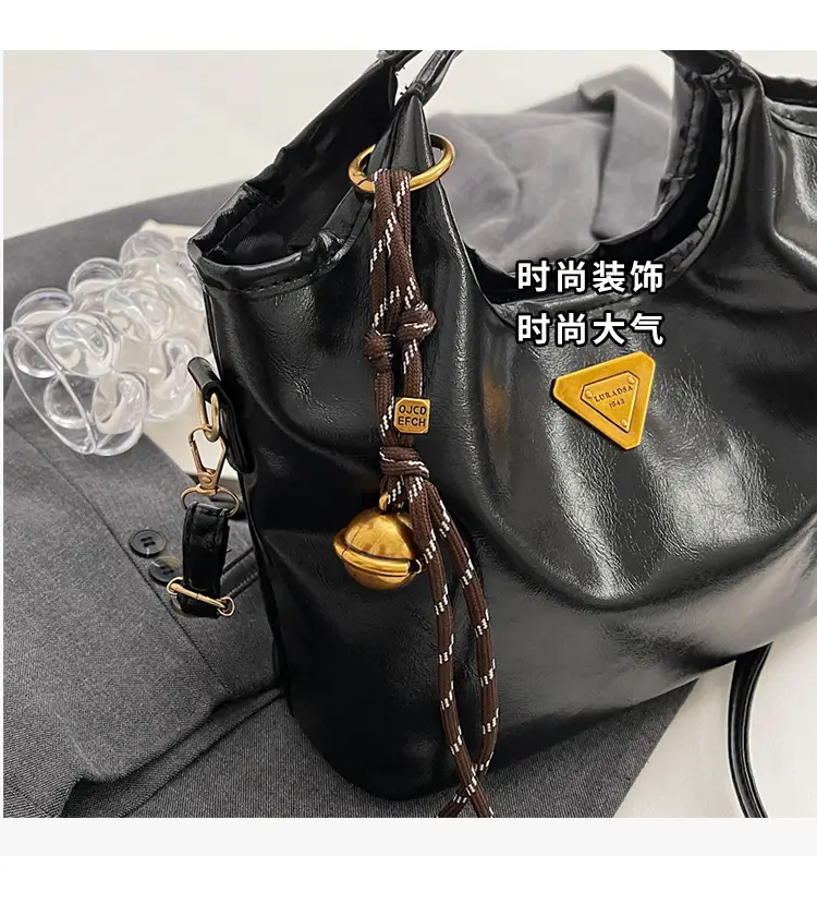 Retro Brown Bucket Bag with Gold Plated Logo — feature 5