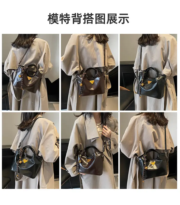Retro Brown Bucket Bag with Gold Plated Logo — feature 7