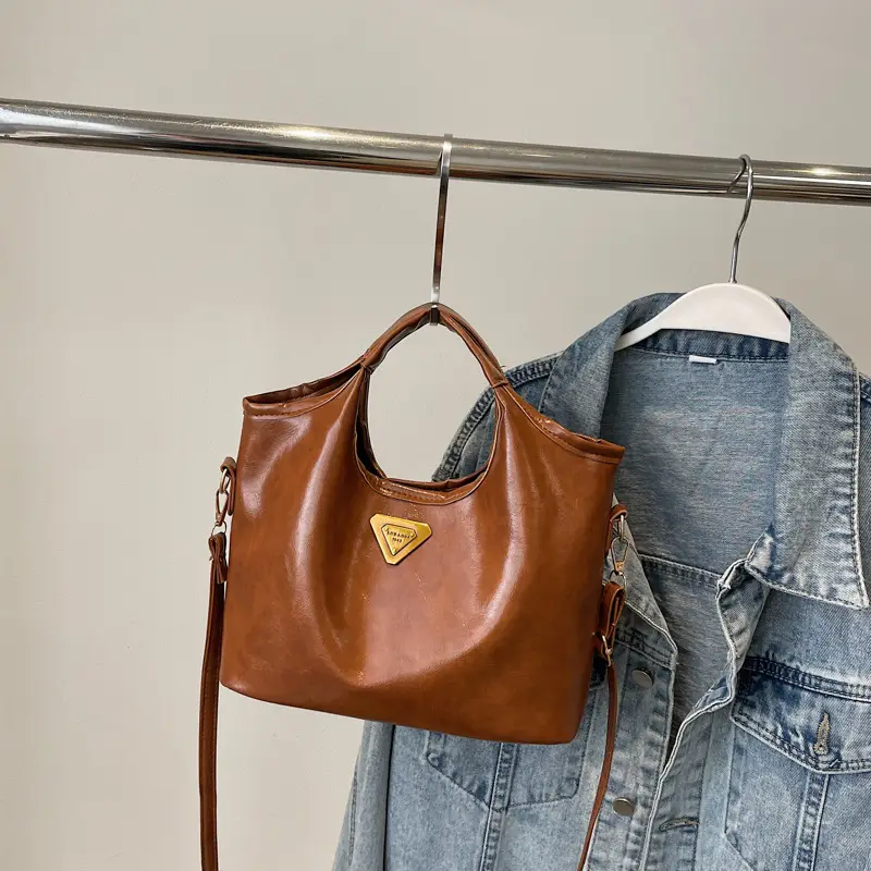 Retro Brown Bucket Bag with Gold Plated Logo