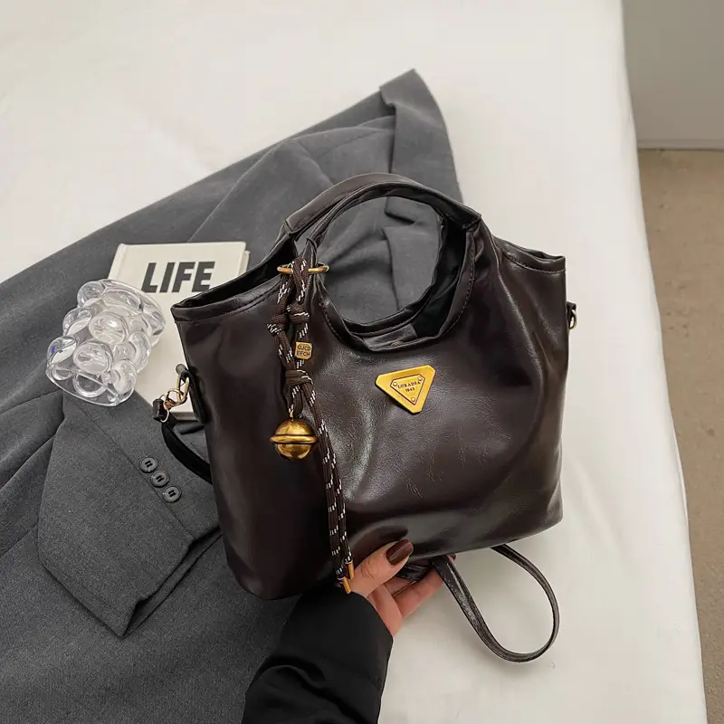 Retro Brown Bucket Bag with Gold Plated Logo