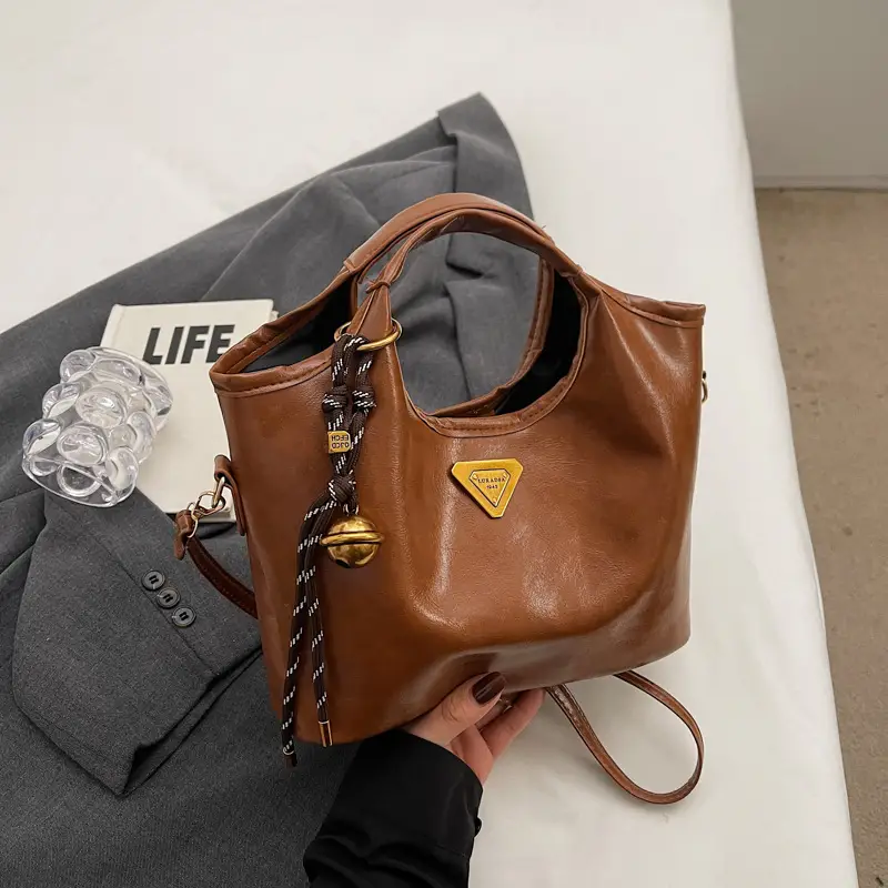 Retro Brown Bucket Bag with Gold Plated Logo