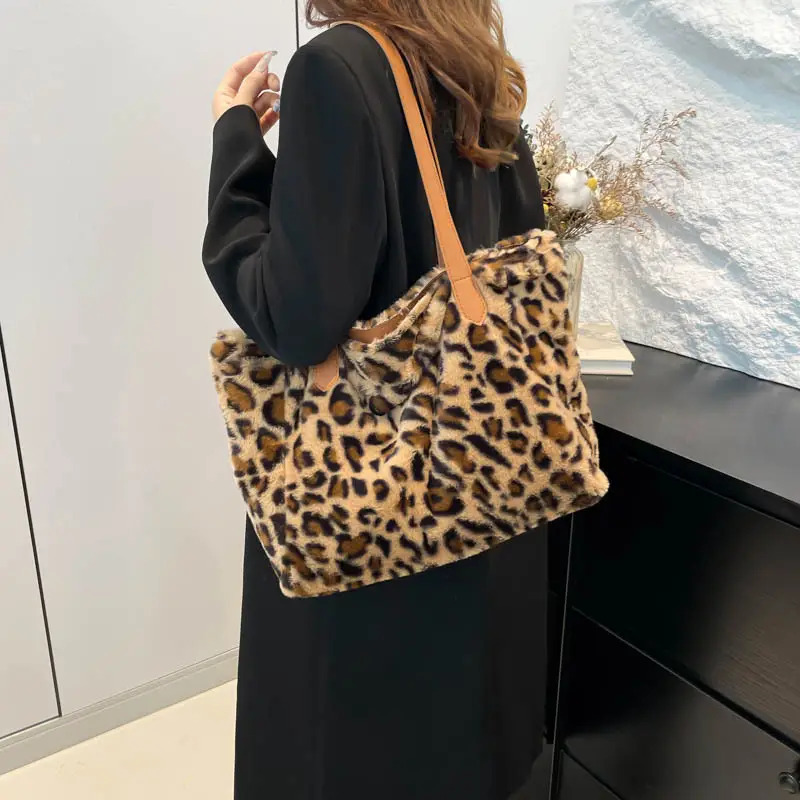 Leopard Print Plush Shoulder Tote Bag 2024 Autumn Winter - Image 5
