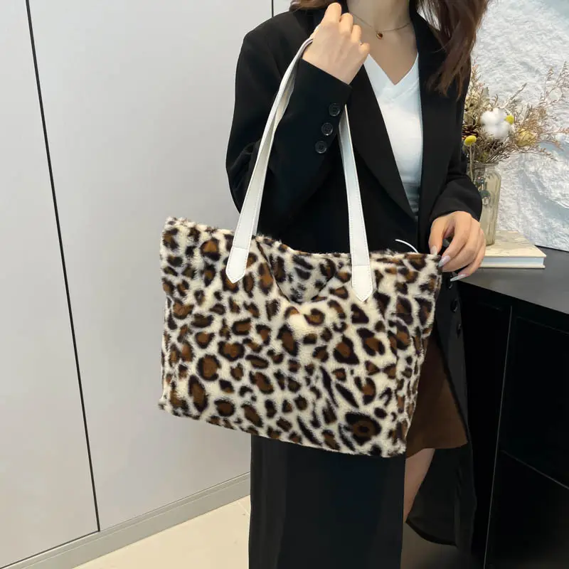 Leopard Print Plush Shoulder Tote Bag 2024 Autumn Winter - Image 6