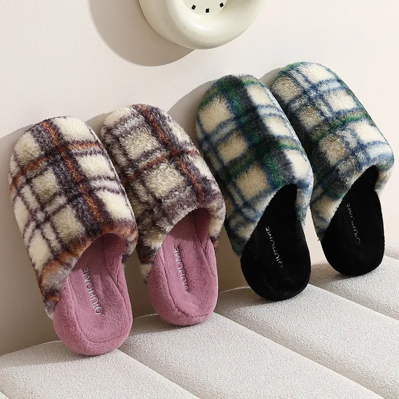 Plaid Home Cotton Slippers for Women Winter Indoor Home Household Men's Bedroom Plush Warm Furry Slippers for Men Winter - Image 4