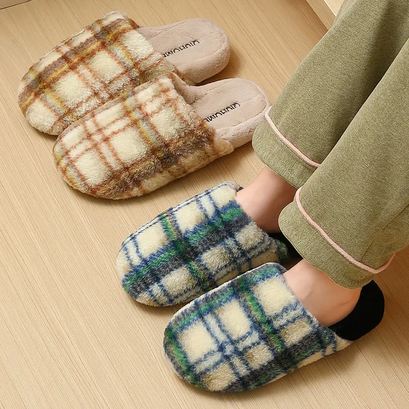 Plaid Home Cotton Slippers for Women Winter Indoor Home Household Men's Bedroom Plush Warm Furry Slippers for Men Winter - Image 5