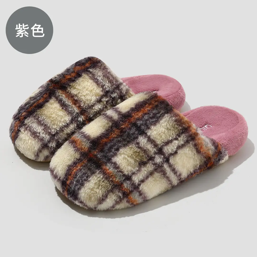 Plaid Home Cotton Slippers for Women Winter Indoor Home Household Men's Bedroom Plush Warm Furry Slippers for Men Winter - Image 3