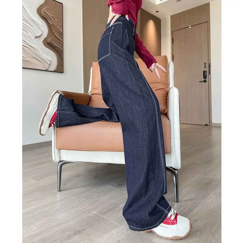 American Style Wide Leg Jeans Women Dark Blue Autumn