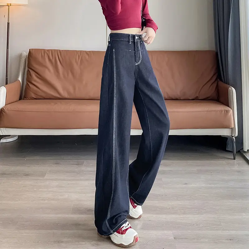 American Style Wide Leg Jeans Women Dark Blue Autumn