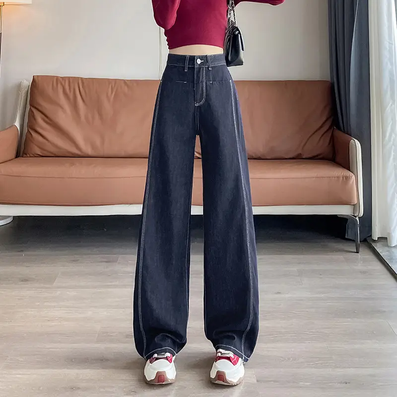 American Style Wide Leg Jeans Women Dark Blue Autumn
