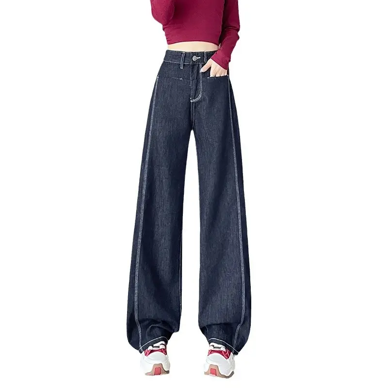 American Style Wide Leg Jeans Women Dark Blue Autumn