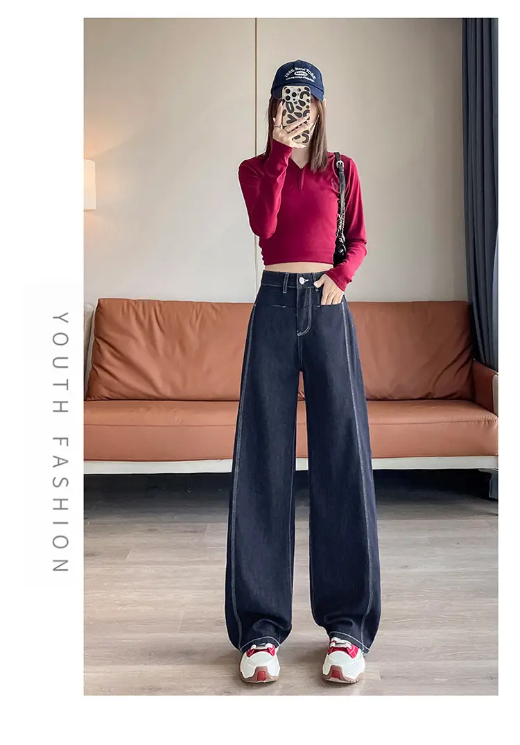 American Style Wide Leg Jeans Women Dark Blue Autumn — feature 11