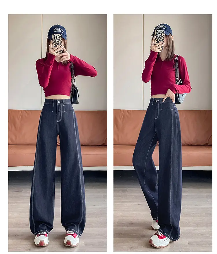 American Style Wide Leg Jeans Women Dark Blue Autumn — feature 12