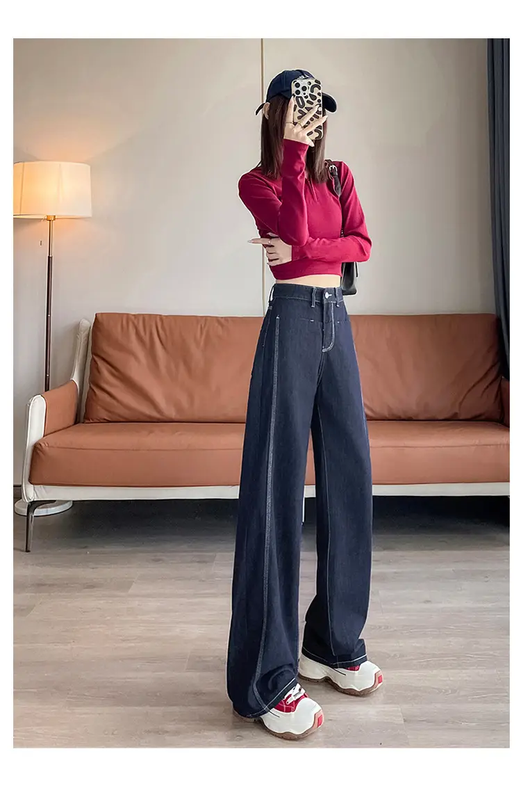 American Style Wide Leg Jeans Women Dark Blue Autumn — feature 13
