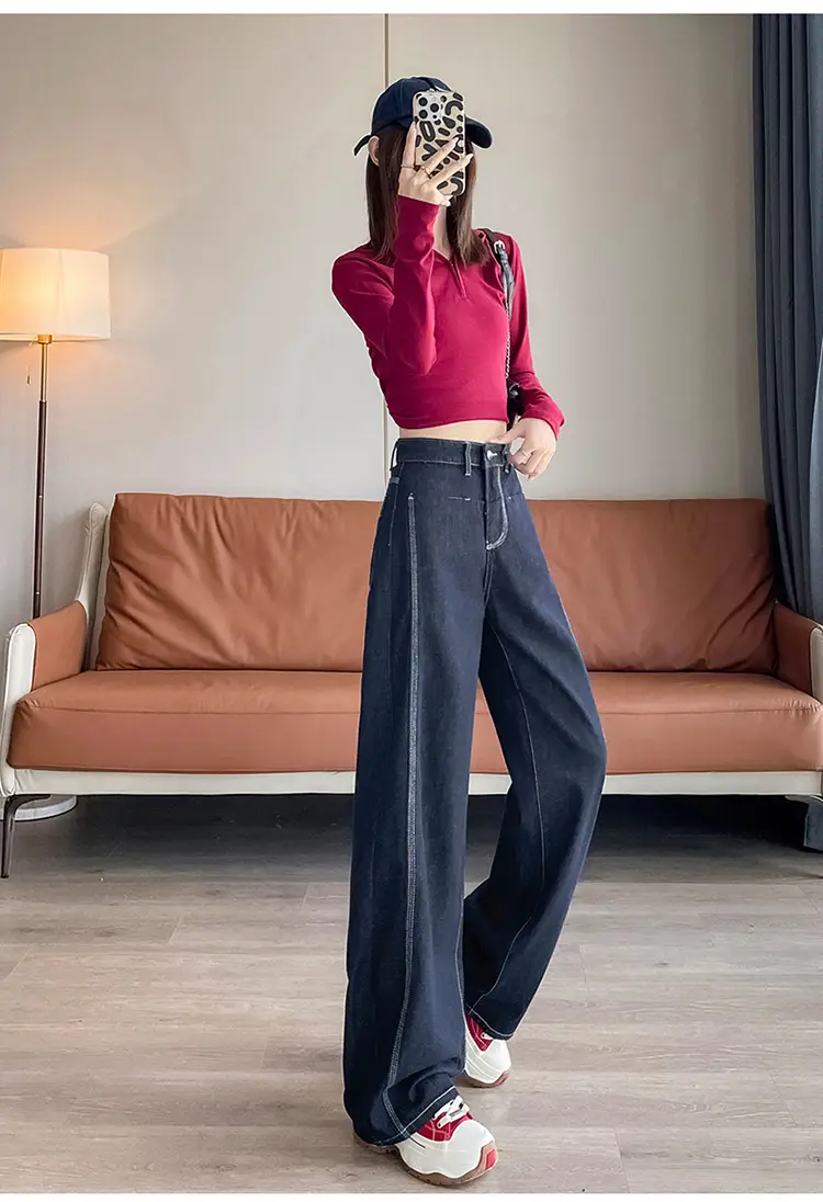 American Style Wide Leg Jeans Women Dark Blue Autumn — feature 14