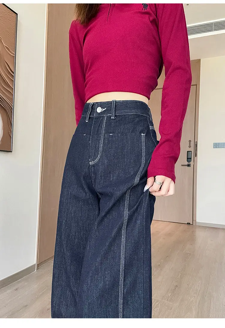 American Style Wide Leg Jeans Women Dark Blue Autumn — feature 21