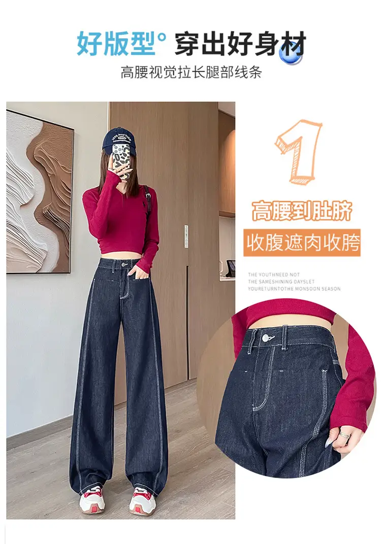 American Style Wide Leg Jeans Women Dark Blue Autumn — feature 5