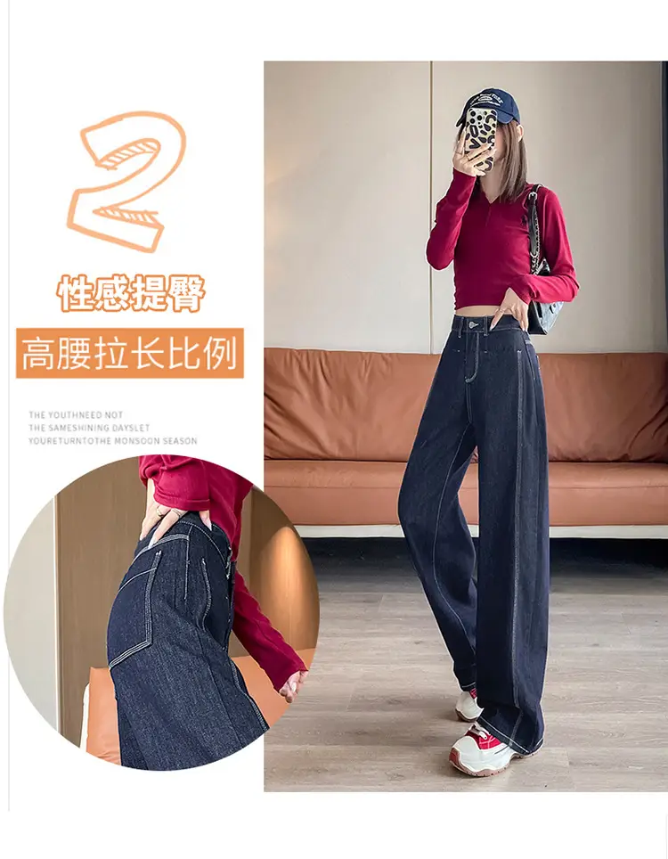 American Style Wide Leg Jeans Women Dark Blue Autumn — feature 6