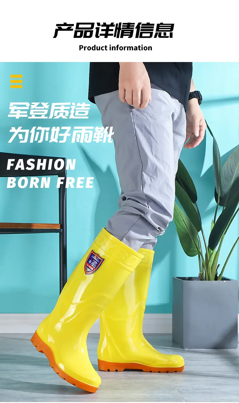 Rain Boots Women's High Barrel Work Labor Protection Non-slip Long Barrel Rain Boots Men's Beef Sole Fishing Rubber Shoes fleece-lined Water Shoes — feature 14