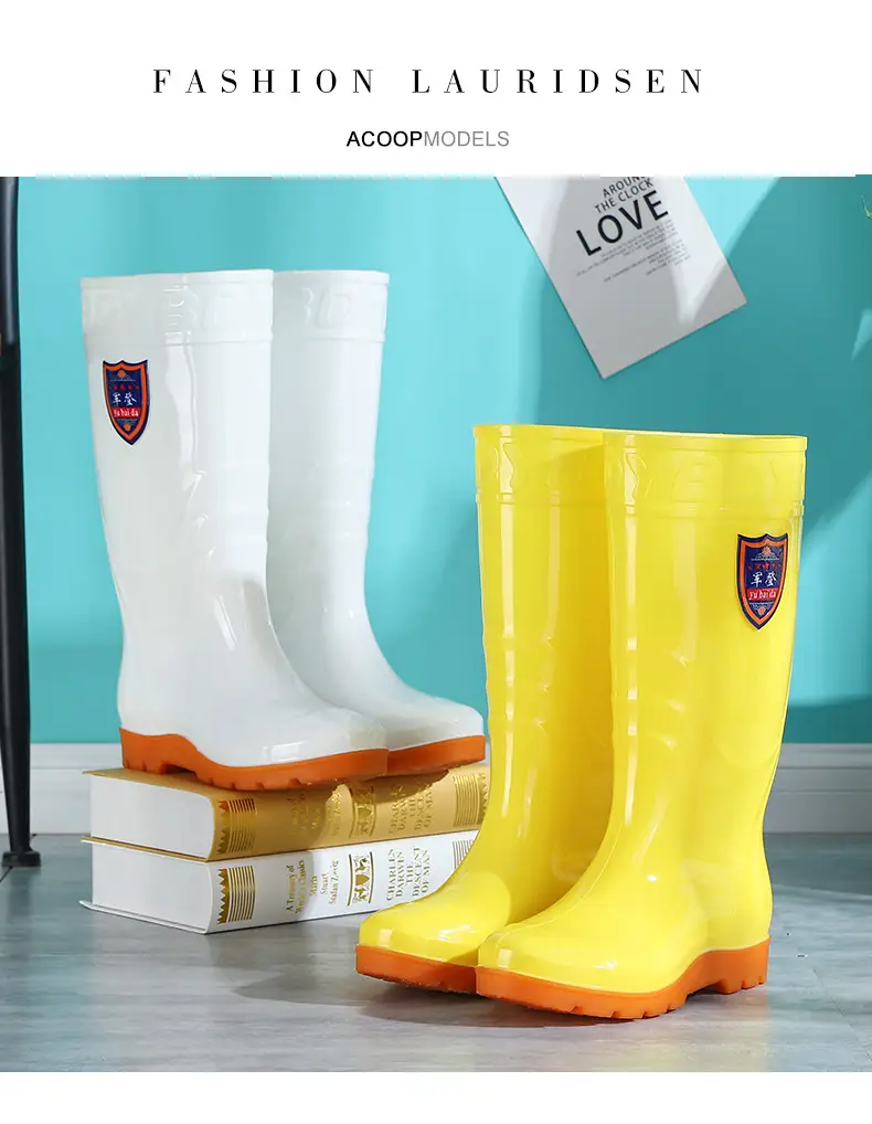 Rain Boots Women's High Barrel Work Labor Protection Non-slip Long Barrel Rain Boots Men's Beef Sole Fishing Rubber Shoes fleece-lined Water Shoes — feature 15