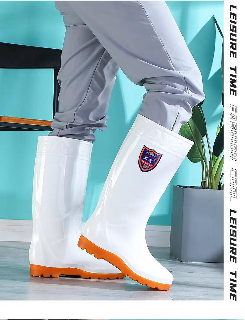 Rain Boots Women's High Barrel Work Labor Protection Non-slip Long Barrel Rain Boots Men's Beef Sole Fishing Rubber Shoes fleece-lined Water Shoes — feature 16