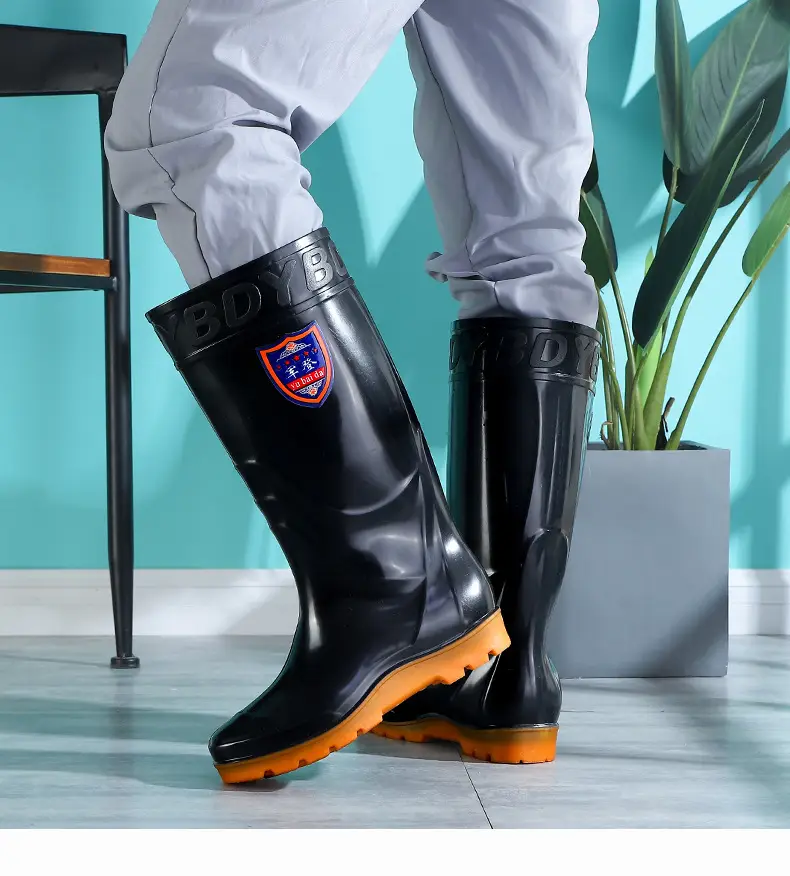 Rain Boots Women's High Barrel Work Labor Protection Non-slip Long Barrel Rain Boots Men's Beef Sole Fishing Rubber Shoes fleece-lined Water Shoes — feature 20