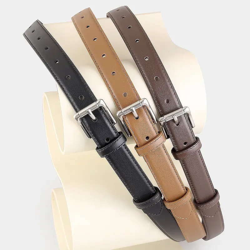 Women's Black Leather Belt with Silver Pin Buckle - Image 5