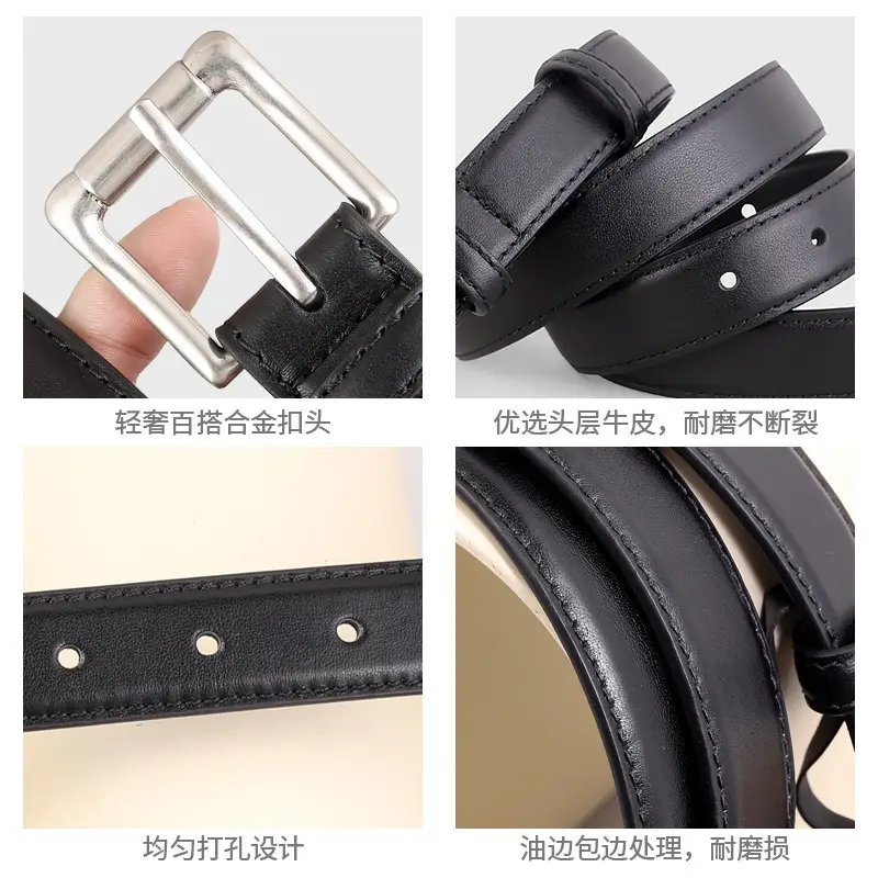 Women's Black Leather Belt with Silver Pin Buckle - Image 6