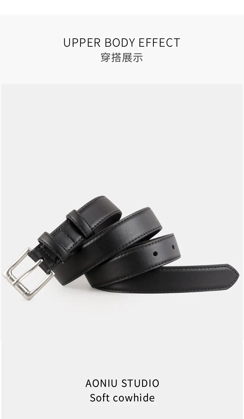 Women's Black Leather Belt with Silver Pin Buckle — feature 11