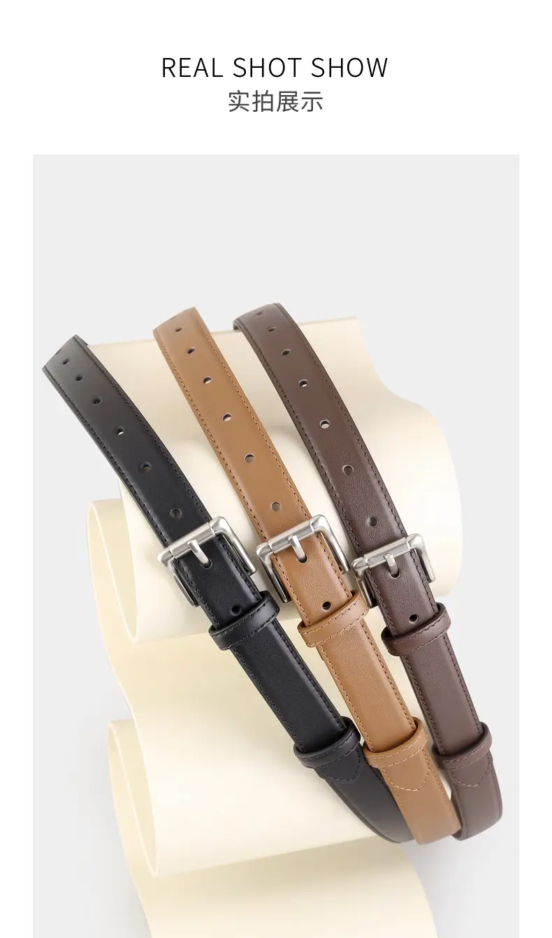 Women's Black Leather Belt with Silver Pin Buckle — feature 14