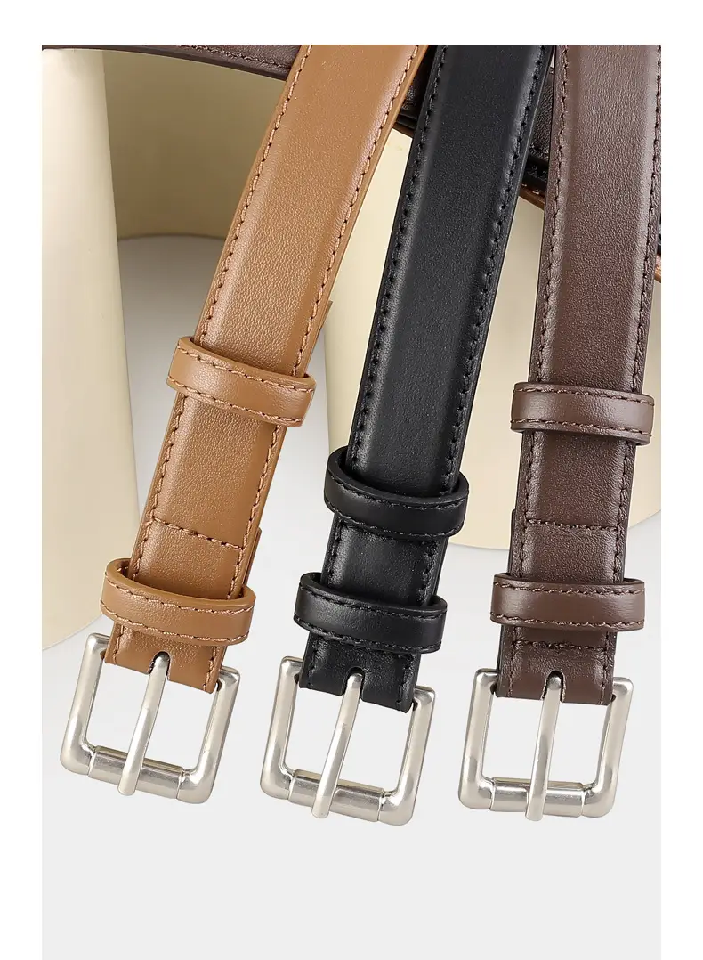Women's Black Leather Belt with Silver Pin Buckle — feature 15