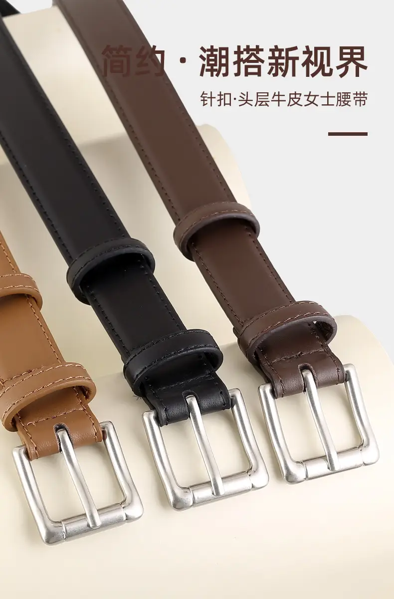 Women's Black Leather Belt with Silver Pin Buckle — feature 4